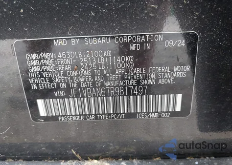 2024 Subaru Wrx Limited из США, поврежденный, VIN JF1VBAN67R9817497